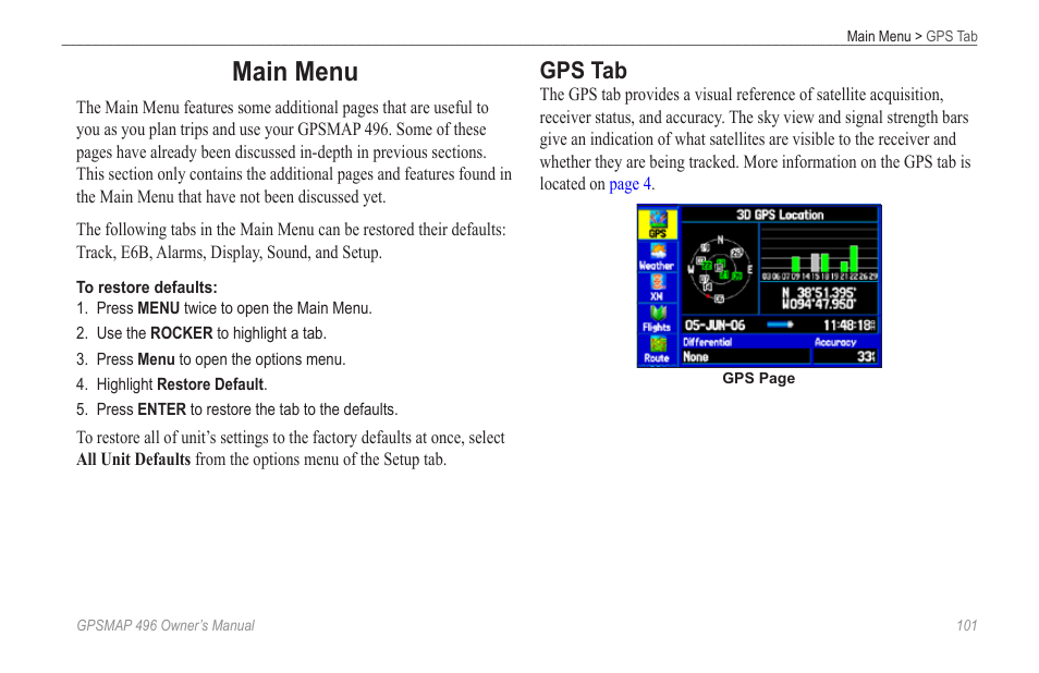 Main menu, Gps tab | Garmin GPSMAP 496 User Manual | Page 109 / 194