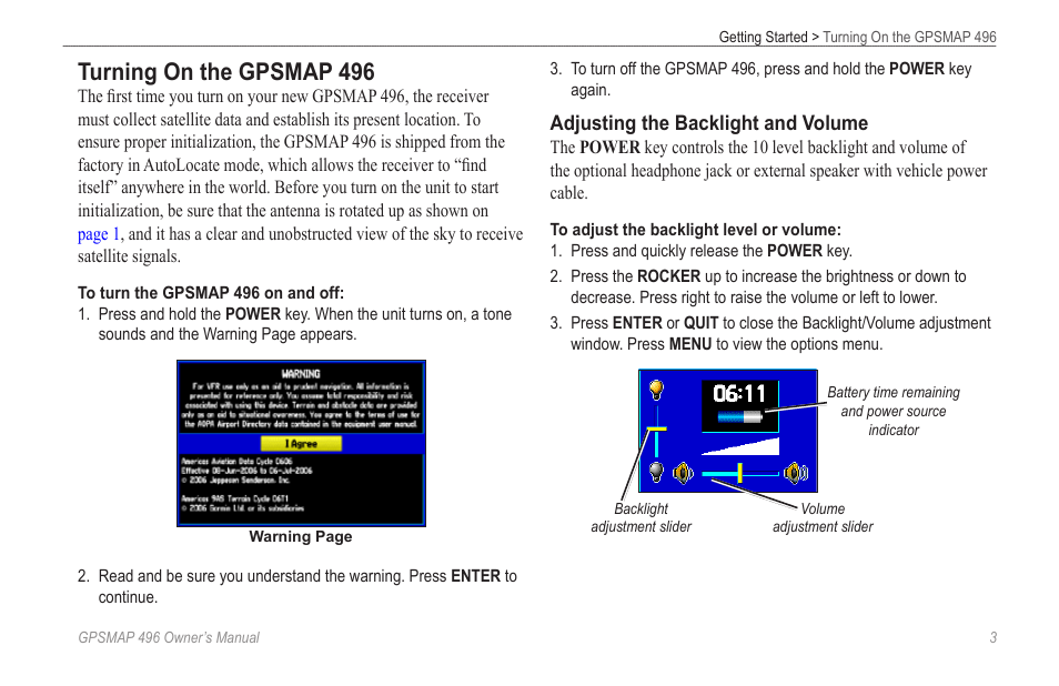 Turning on the gpsmap 496 | Garmin GPSMAP 496 User Manual | Page 11 / 194