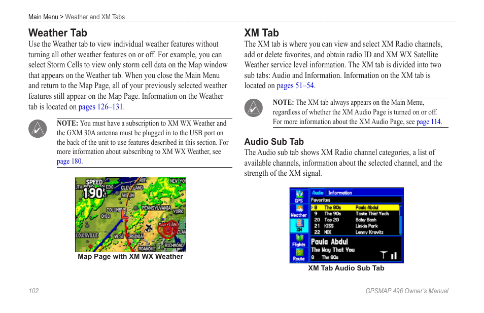Weather tab, Xm tab | Garmin GPSMAP 496 User Manual | Page 110 / 194