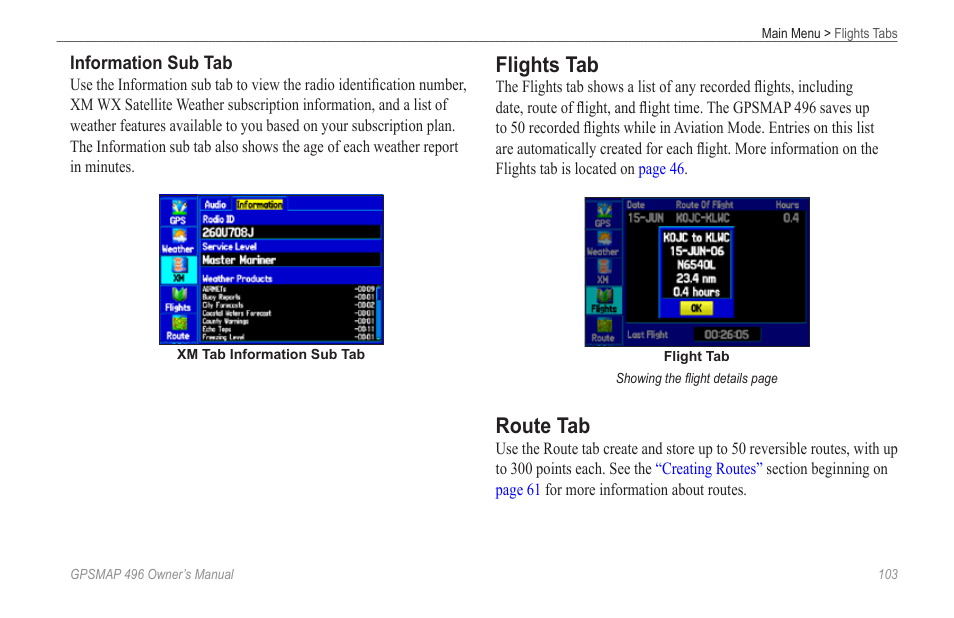 Flights tab, Route tab | Garmin GPSMAP 496 User Manual | Page 111 / 194
