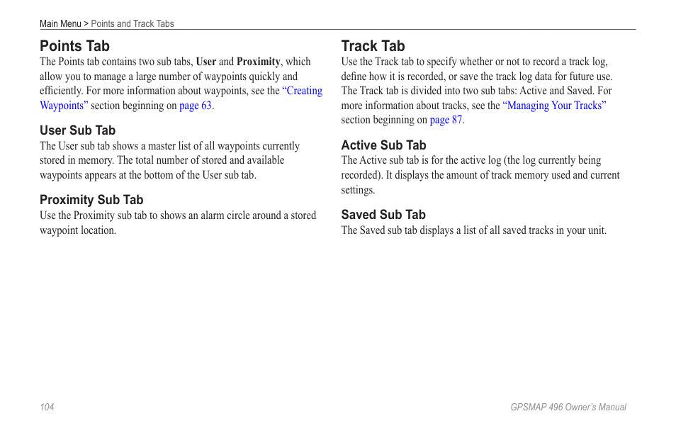 Points tab, Track tab | Garmin GPSMAP 496 User Manual | Page 112 / 194