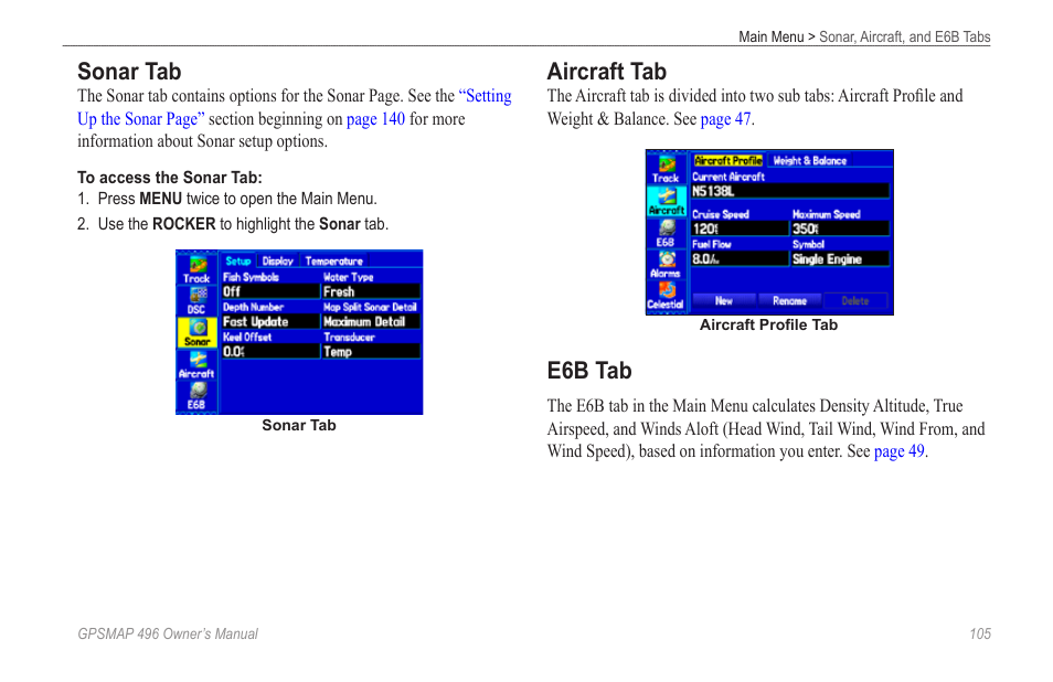Sonar tab, Aircraft tab, E6b tab | Garmin GPSMAP 496 User Manual | Page 113 / 194