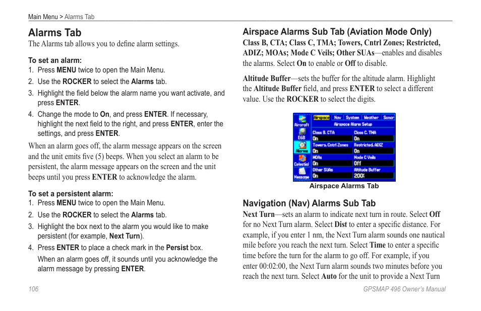 Alarms tab | Garmin GPSMAP 496 User Manual | Page 114 / 194