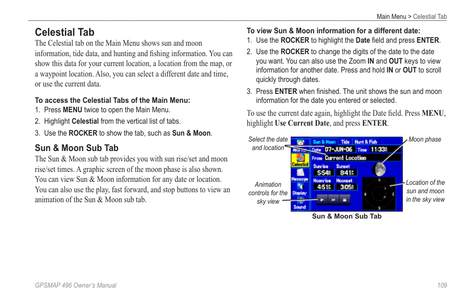 Celestial tab | Garmin GPSMAP 496 User Manual | Page 117 / 194