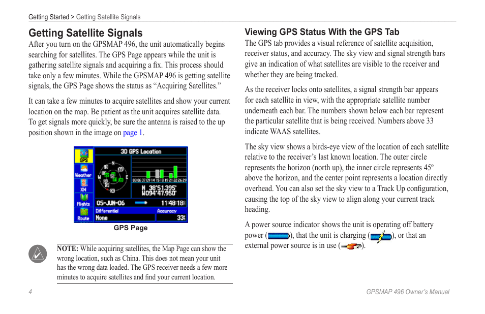 Getting satellite signals | Garmin GPSMAP 496 User Manual | Page 12 / 194