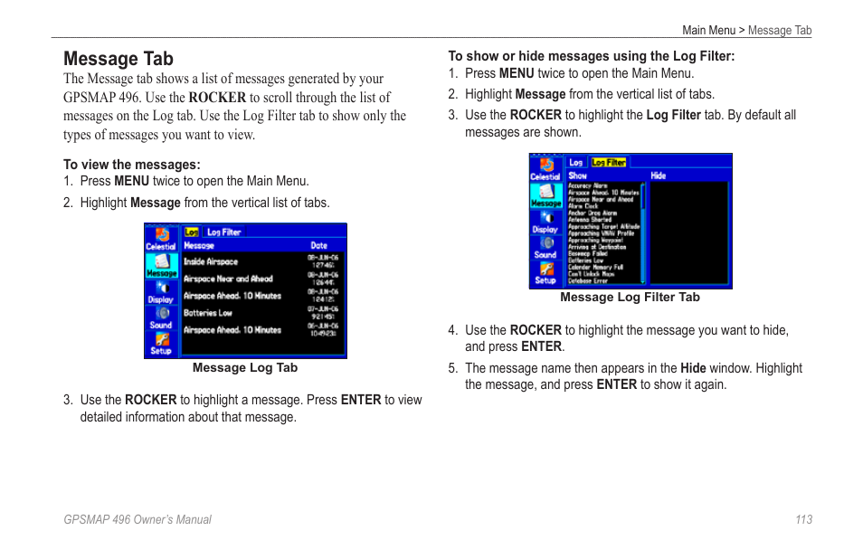 Message tab | Garmin GPSMAP 496 User Manual | Page 121 / 194