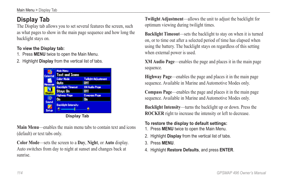 Display tab | Garmin GPSMAP 496 User Manual | Page 122 / 194