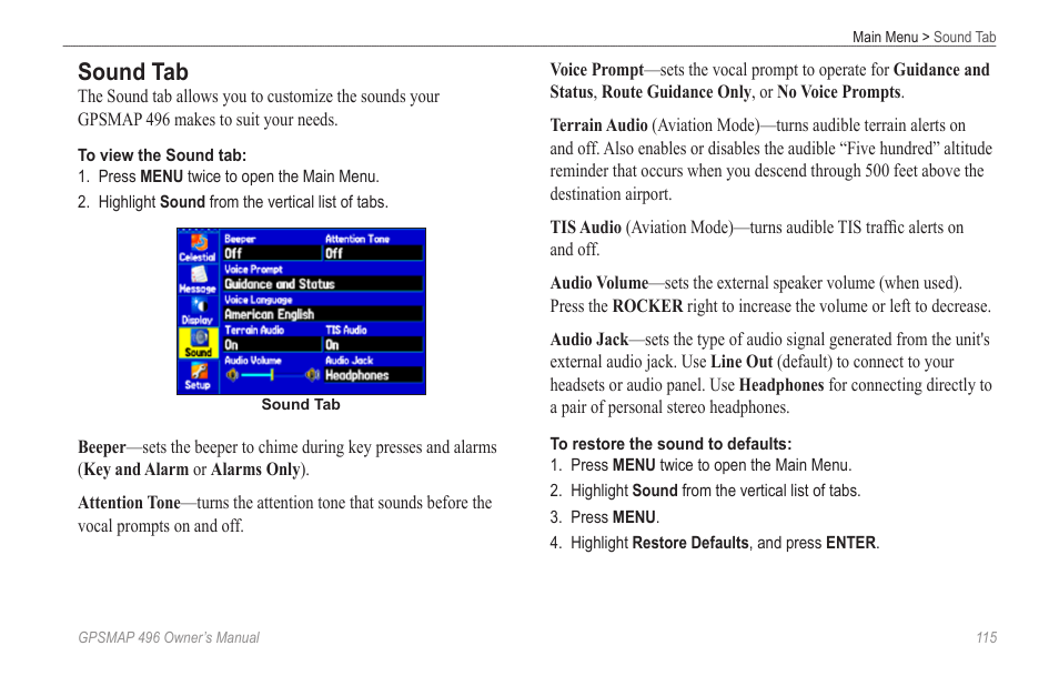 Sound tab | Garmin GPSMAP 496 User Manual | Page 123 / 194