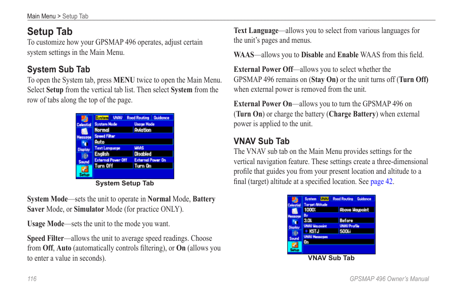 Setup tab | Garmin GPSMAP 496 User Manual | Page 124 / 194