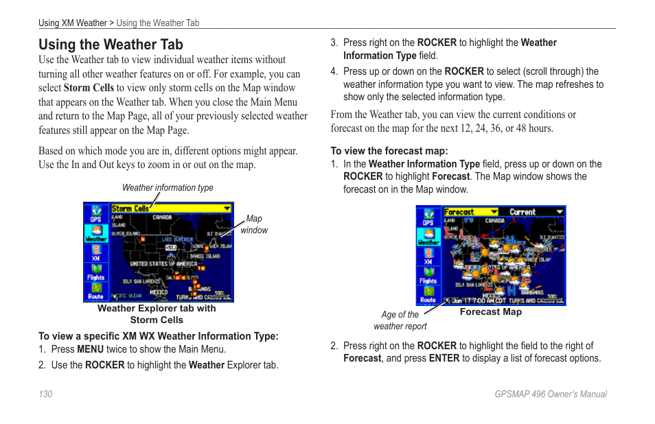 Using the weather tab | Garmin GPSMAP 496 User Manual | Page 138 / 194