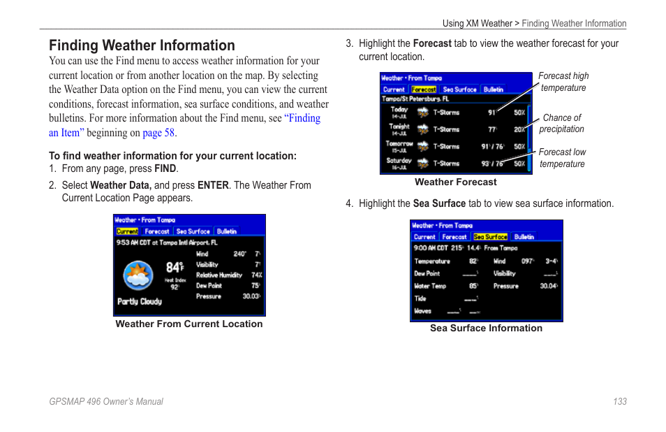 Finding weather information | Garmin GPSMAP 496 User Manual | Page 141 / 194