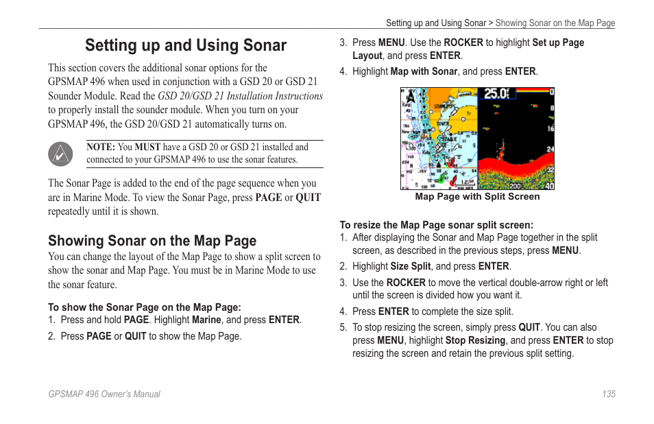 Setting up and using sonar, Showing sonar on the map page | Garmin GPSMAP 496 User Manual | Page 143 / 194