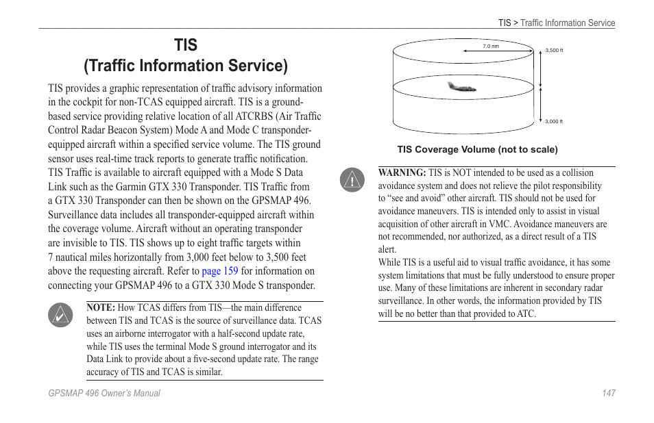 Tis(traffic information service), Information to a garmin nav/comm radio. see, Tis (traffic information service) | Garmin GPSMAP 496 User Manual | Page 155 / 194