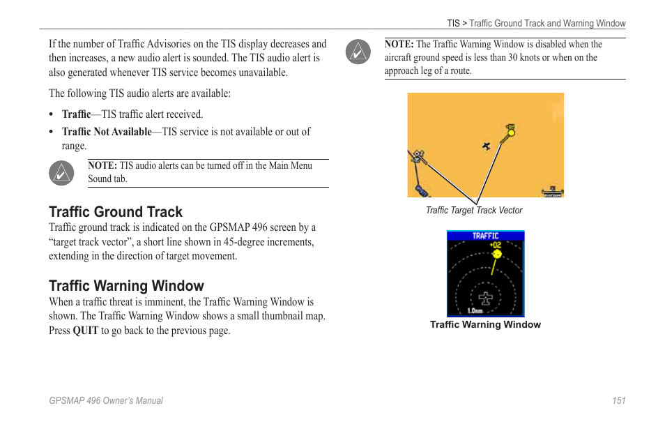 Traffic ground track, Traffic warning window | Garmin GPSMAP 496 User Manual | Page 159 / 194