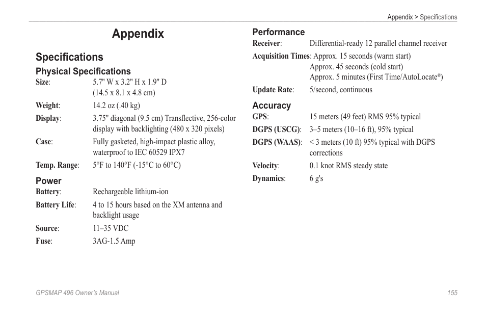 Appendix, Specifications | Garmin GPSMAP 496 User Manual | Page 163 / 194