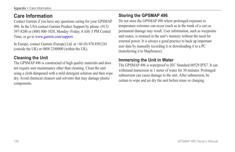 Care information | Garmin GPSMAP 496 User Manual | Page 164 / 194