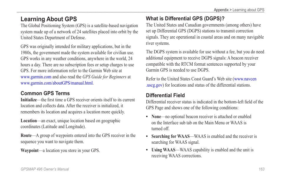 Learning about gps | Garmin GPSMAP 496 User Manual | Page 171 / 194