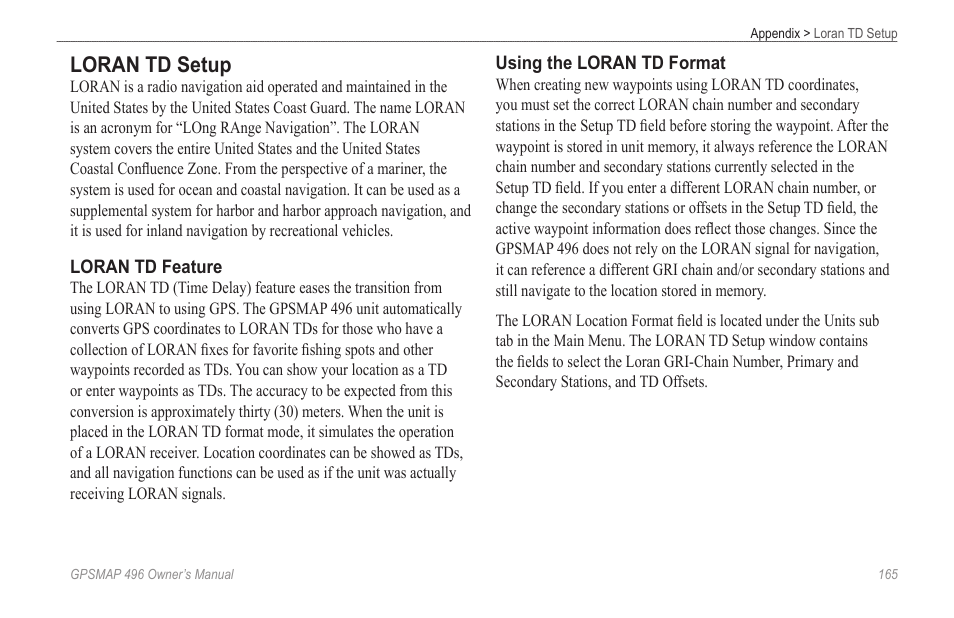 Loran td setup | Garmin GPSMAP 496 User Manual | Page 173 / 194