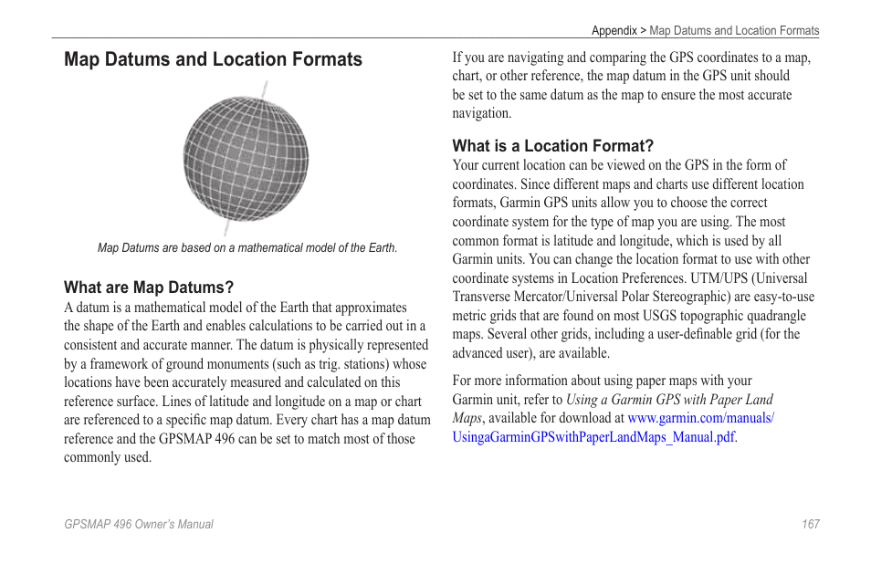 Map datums and location formats | Garmin GPSMAP 496 User Manual | Page 175 / 194