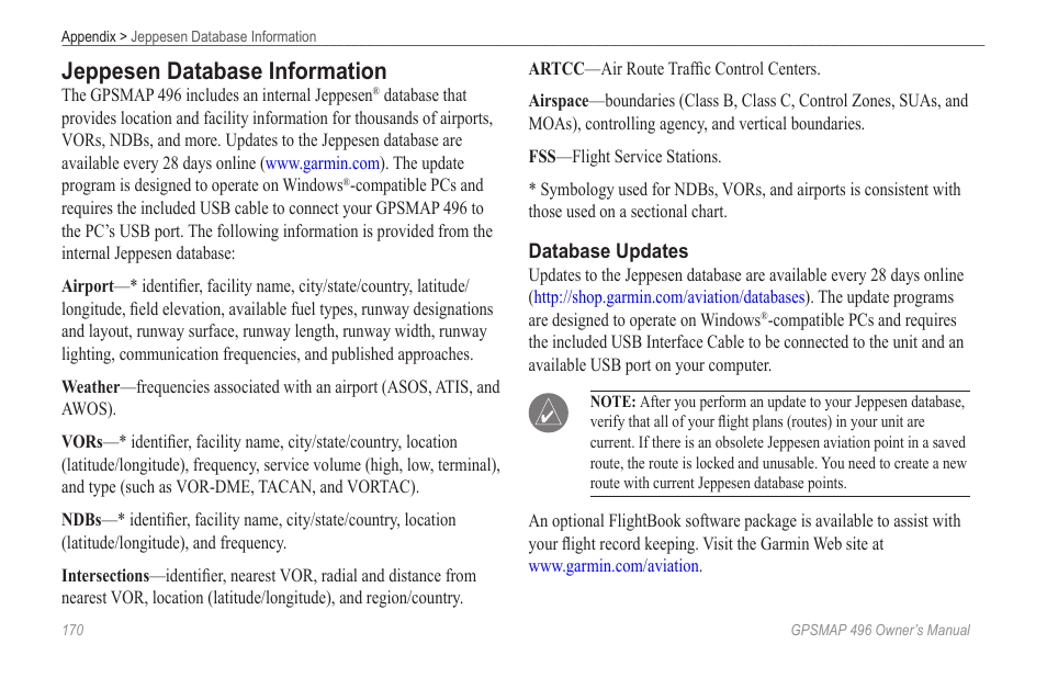 Jeppesen database information | Garmin GPSMAP 496 User Manual | Page 178 / 194
