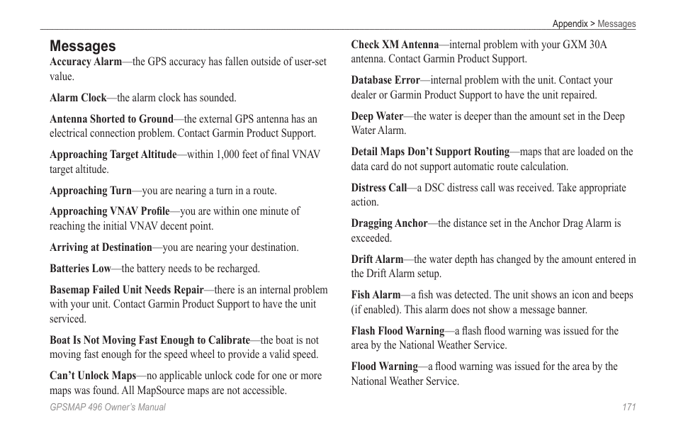 Messages | Garmin GPSMAP 496 User Manual | Page 179 / 194