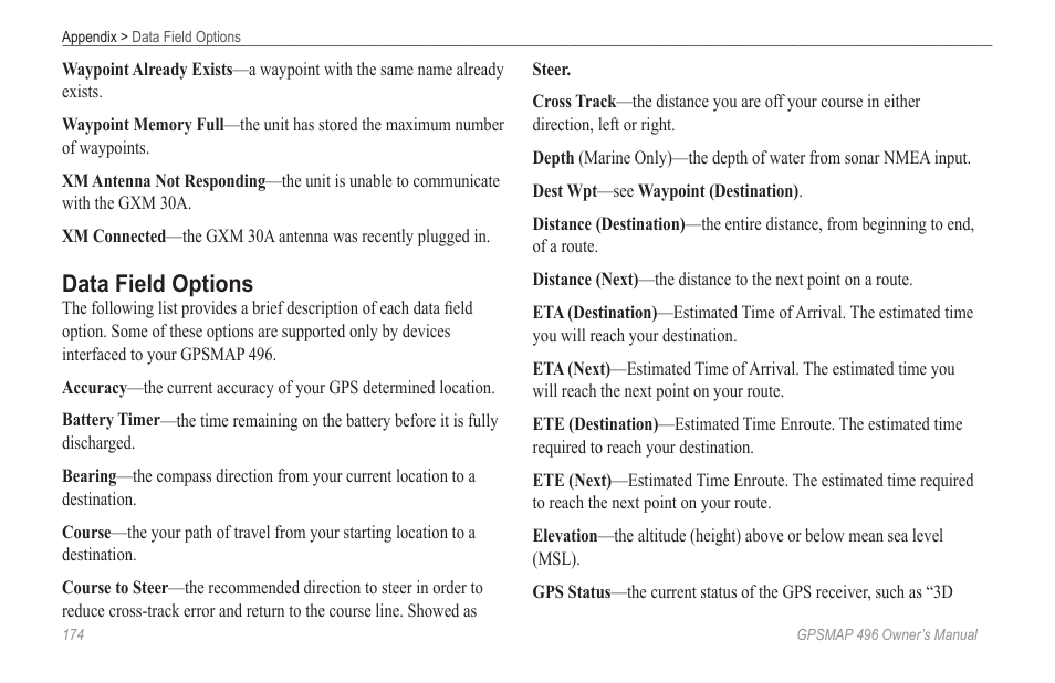 Data field options, For information about the data | Garmin GPSMAP 496 User Manual | Page 182 / 194