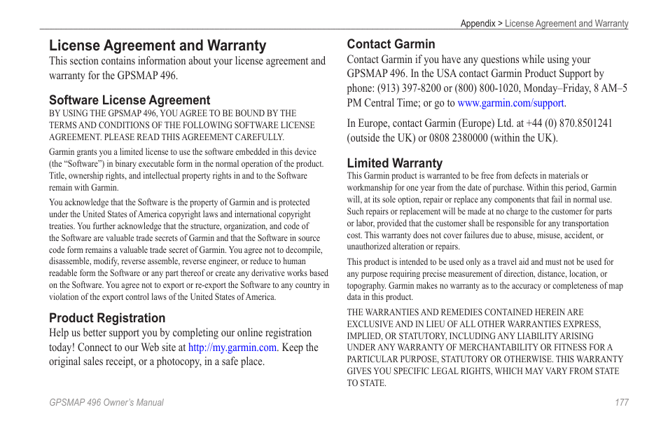 License agreement and warranty, Software license agreement, Product registration | Contact garmin, Limited warranty | Garmin GPSMAP 496 User Manual | Page 185 / 194