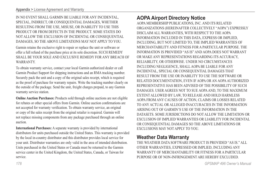 Aopa airport directory notice, Weather data warranty | Garmin GPSMAP 496 User Manual | Page 186 / 194