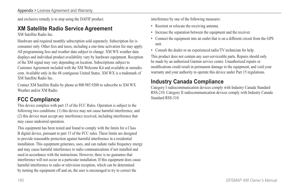 Xm satellite radio service agreement, Fcc compliance, Industry canada compliance | Garmin GPSMAP 496 User Manual | Page 188 / 194