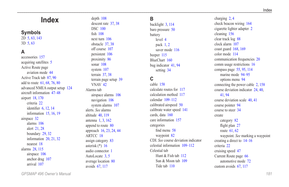 Index | Garmin GPSMAP 496 User Manual | Page 189 / 194