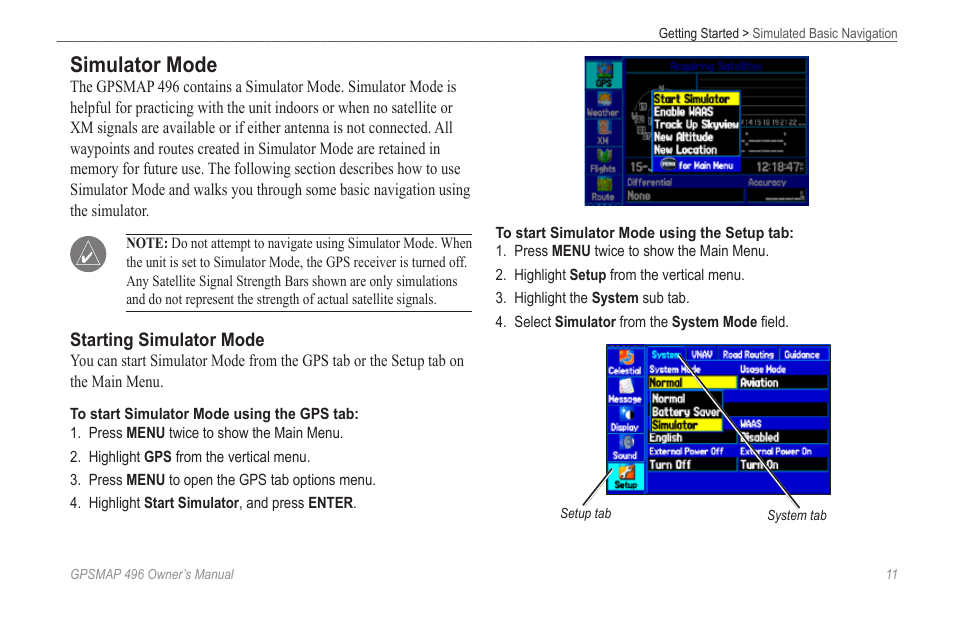 Simulator mode | Garmin GPSMAP 496 User Manual | Page 19 / 194