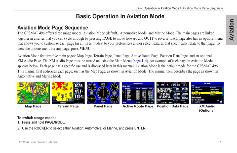 Basic operation in aviation mode, Aviation, Aviation mode page sequence | Garmin GPSMAP 496 User Manual | Page 21 / 194