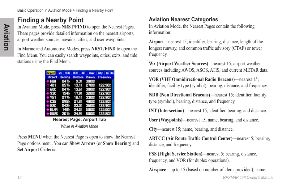 Finding a nearby point, Aviation | Garmin GPSMAP 496 User Manual | Page 26 / 194