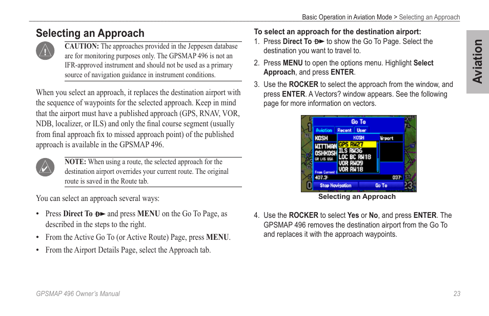 Selecting an approach, Aviation | Garmin GPSMAP 496 User Manual | Page 31 / 194