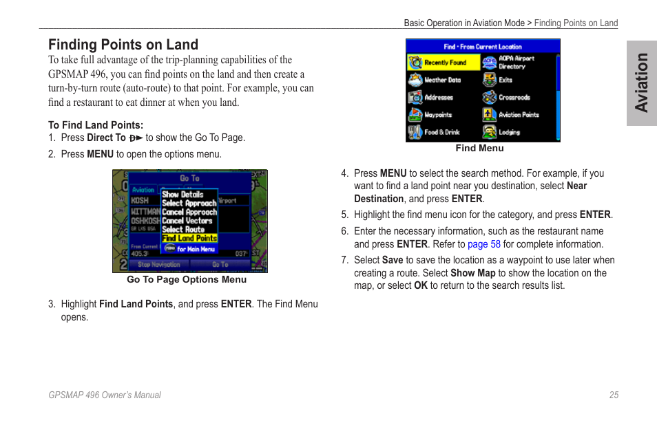 Finding points on land, Aviation | Garmin GPSMAP 496 User Manual | Page 33 / 194