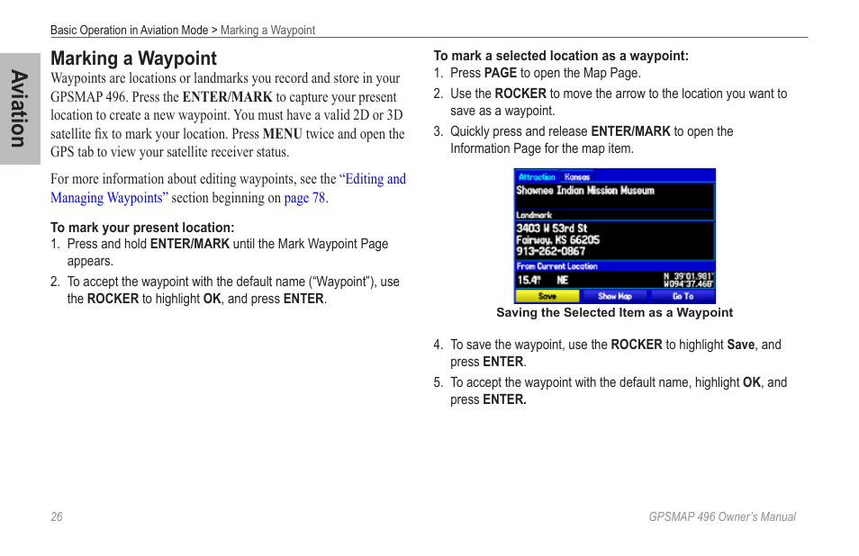 Marking a waypoint, Aviation | Garmin GPSMAP 496 User Manual | Page 34 / 194
