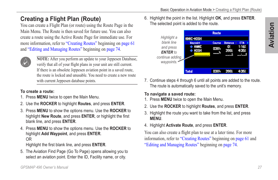 Creating a flight plan (route), Aviation | Garmin GPSMAP 496 User Manual | Page 35 / 194