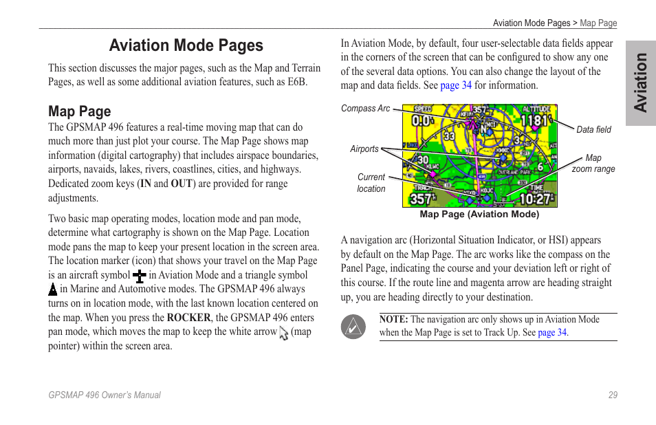 Aviation, Aviation mode pages, Map page | Garmin GPSMAP 496 User Manual | Page 37 / 194