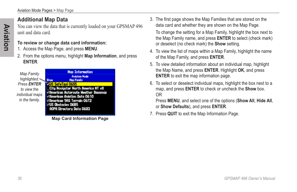 Aviation | Garmin GPSMAP 496 User Manual | Page 44 / 194