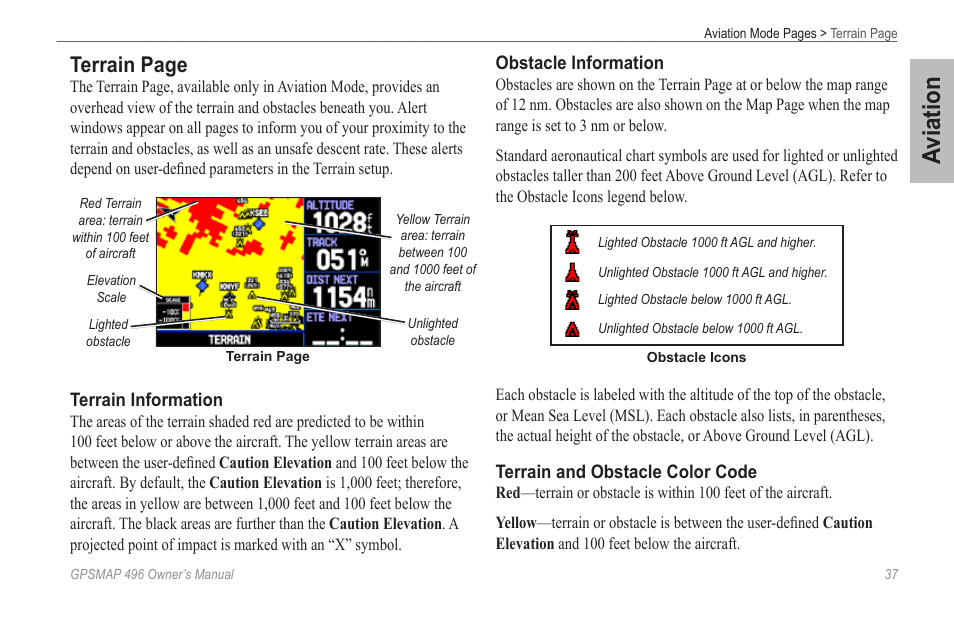 Are shown in red. for complete information, see, Aviation, Terrain page | Garmin GPSMAP 496 User Manual | Page 45 / 194