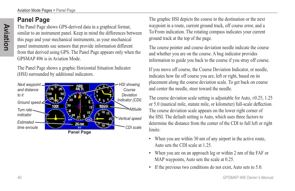 Aviation, Panel page | Garmin GPSMAP 496 User Manual | Page 48 / 194
