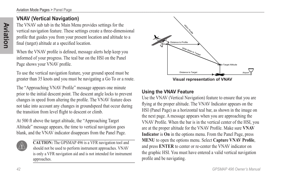 Aviation, Vnav (vertical navigation) | Garmin GPSMAP 496 User Manual | Page 50 / 194