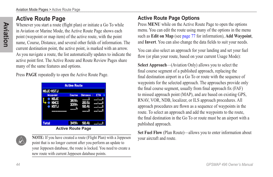 Aviation, Active route page | Garmin GPSMAP 496 User Manual | Page 52 / 194