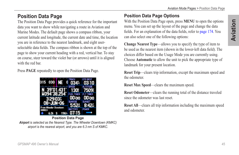 Aviation, Position data page | Garmin GPSMAP 496 User Manual | Page 53 / 194