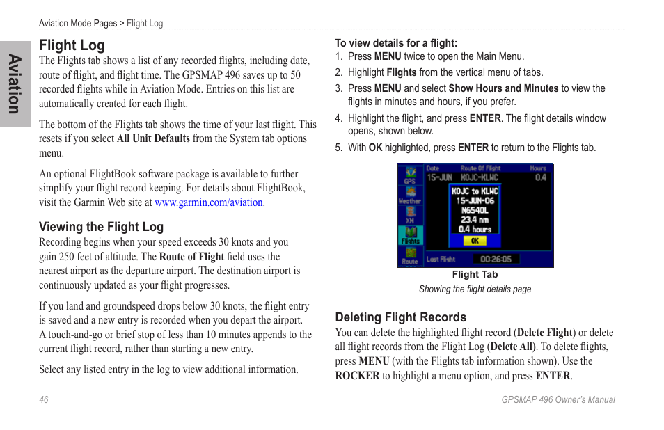 Flight log, Aviation | Garmin GPSMAP 496 User Manual | Page 54 / 194