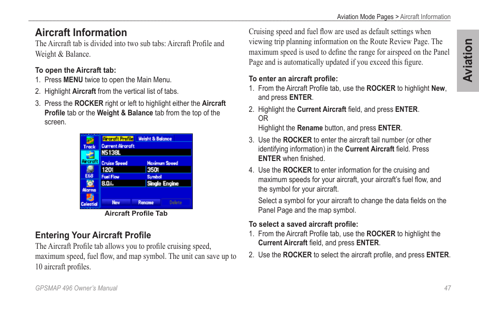Aircraft information, Aviation | Garmin GPSMAP 496 User Manual | Page 55 / 194