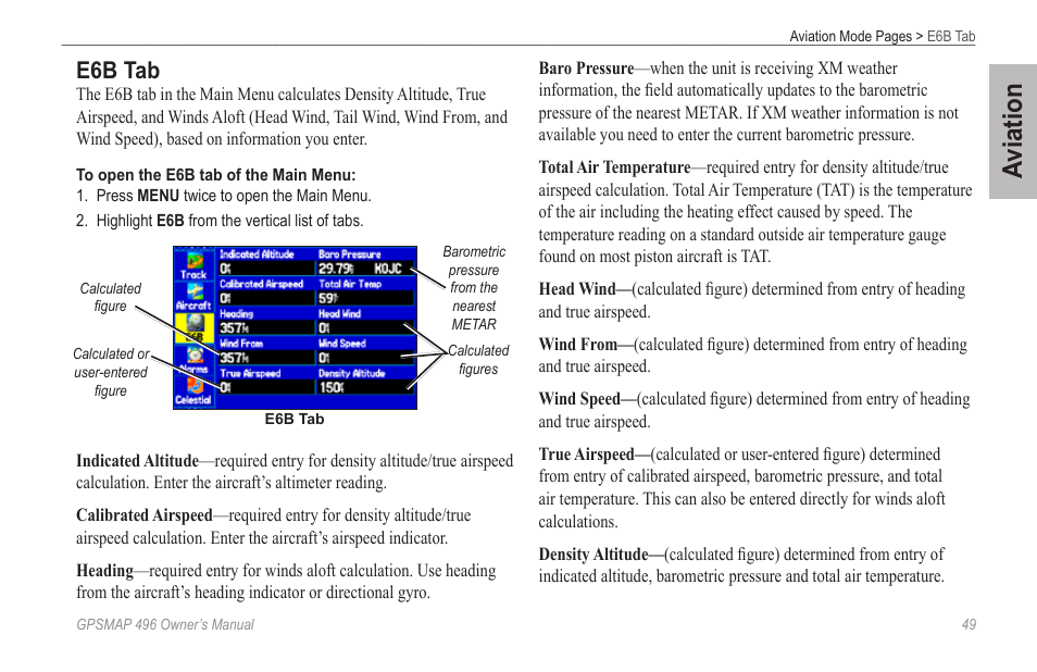 E6b tab, Aviation | Garmin GPSMAP 496 User Manual | Page 57 / 194