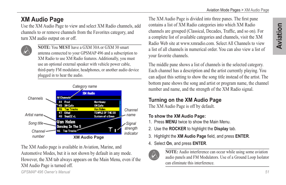 Aviation, Xm audio page | Garmin GPSMAP 496 User Manual | Page 59 / 194