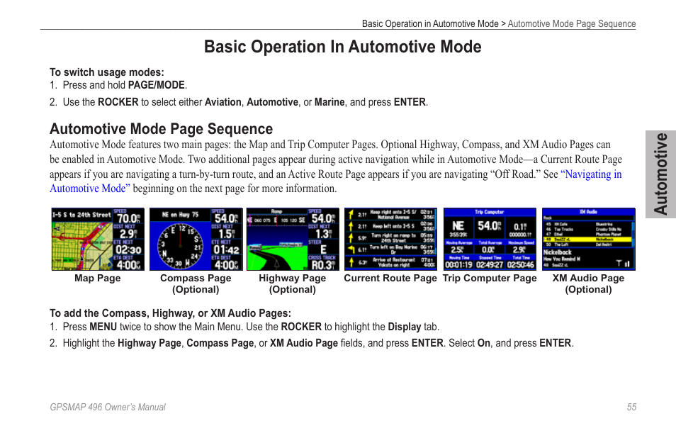 Basic operation in automotive mode, Automotive, Automotive mode page sequence | Garmin GPSMAP 496 User Manual | Page 63 / 194