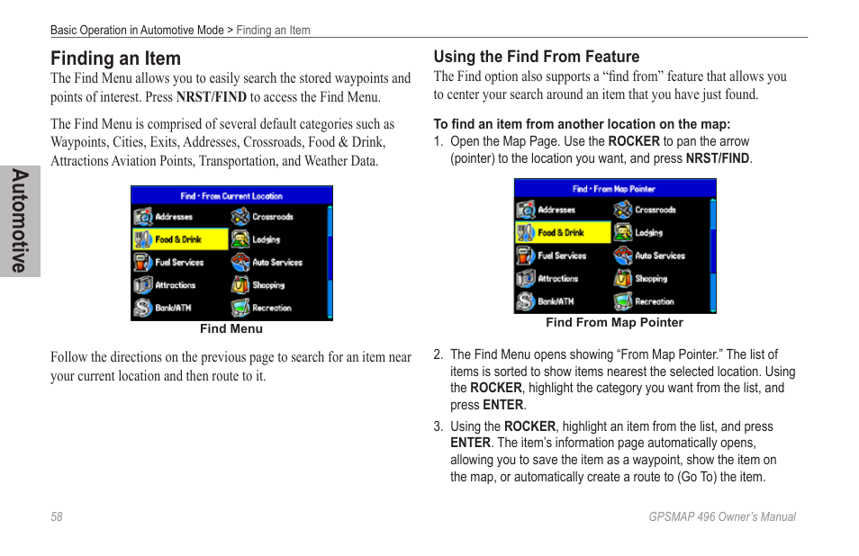 Finding an item, Automotive | Garmin GPSMAP 496 User Manual | Page 66 / 194